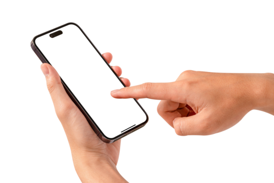 Close-up of hand using modern smartphone with blank screen isolated. - Powered by Adobe