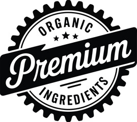 Black and White Featuring Organic Premium Ingredients Text with Star Accents on a CogShaped Background