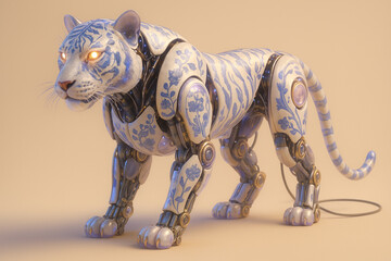 Mechanical tiger with metallic body and glowing eyes standing on beige background, futuristic robotics concept.