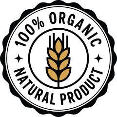 100% Organic Natural Product Label Featuring Golden Wheat in a Black Circular Border Icon