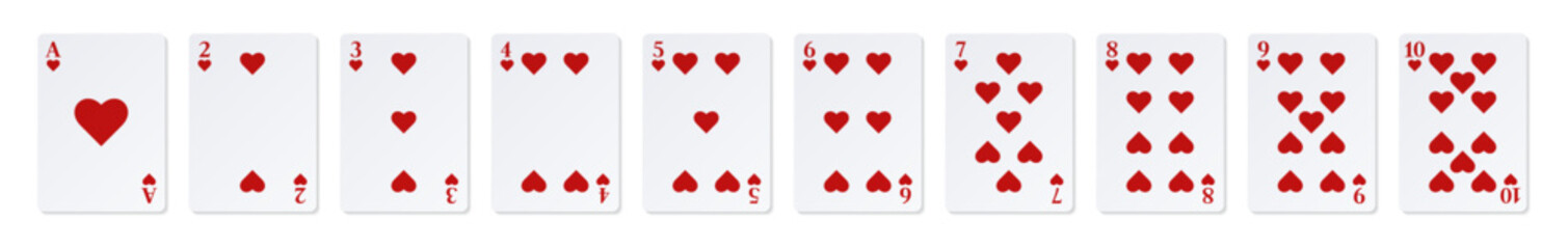 Ace and number cards of Hearts. Casino clipart.