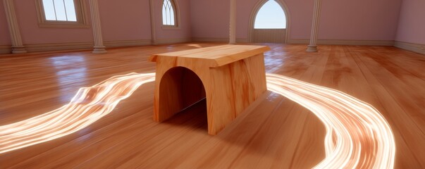 Dynamic wooden tunnel display modern gallery 3d art installation minimalist space interactive perspective