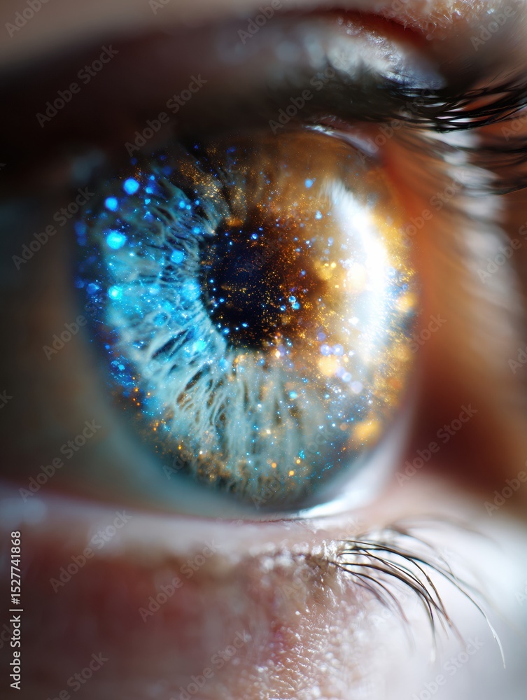 Poster close up of a human iris glowing with a futuristic overlay highlighting intricate details and colors
