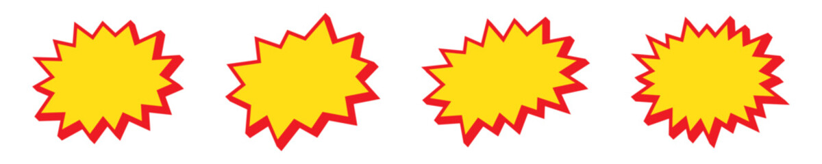 Blank sale tags, sale banners. Red and yellow starburst stickers. Pop art funny bang bubble.