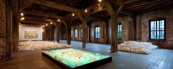 Art installation showcasing innovative design in historical warehouse contemporary art space urban environment wide-angle viewpoint
