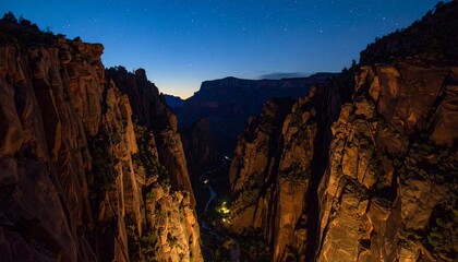 Deep indigo canyon with shadowed rock faces and flickers of starlight, a visual echo of contemplative silence and inner peace