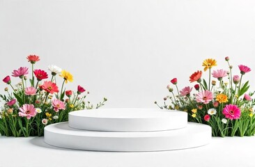 two empty round podium on white background with flowers, for product presentation