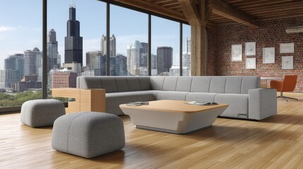 Modern living room design with stunning city view chicago interior photography urban environment wide angle contemporary style