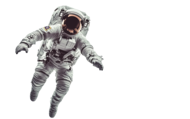 Man in a white spacesuit is floating in space
