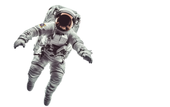 Man in a white spacesuit is floating in space