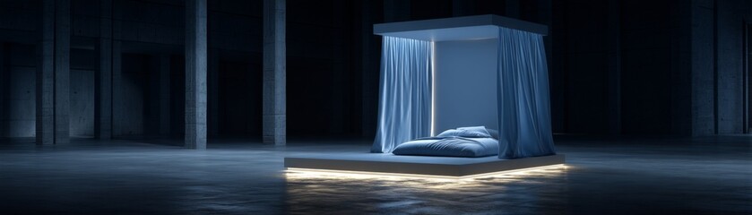 Serene sleep space modern loft interior design minimalist environment wide angle view tranquility concept