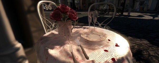 Romantic dinner setting urban outdoor space still life arrangement close-up view love and connection with roses and champagne