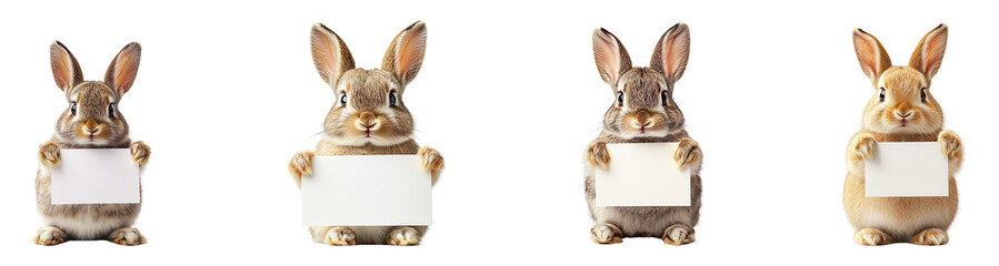 Collection of cute rabbits holding blank signs, isolated on a transparent background