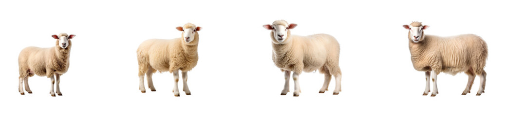 Collection of cute sheep standing, isolated on a transparent background