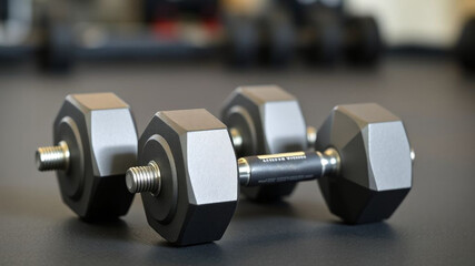 Preparing for a workout Silver dumbbell rests representing strength and fitness goals in the gym showing high detail and