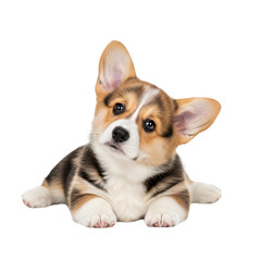 Obraz premium Adorable Corgi puppy with a charming head tilt, looking curious, isolated on white & transparent background. Ideal for pet adoption campaigns, veterinary clinic marketing,