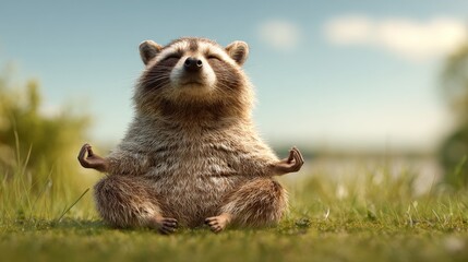 funny racoon in yoga pose sitting on the grass, copy space, calmness