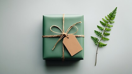 Elegant green gift box with jute twine and blank tag decorated with a fern