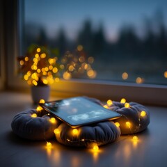 Cozy evening setup with smartphone and fairy lights home workspace photography indoor close-up relaxation mood