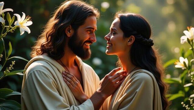 Jes&uacute;s con una mirada c&aacute;lida y compasiva, coloca suavemente su mano derecha sobre el hombro de Mar&iacute;a Magdalena
