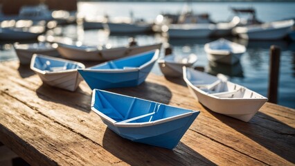 Obraz premium Blue Paper Boat Leading A Fleet Of Small White Boats On Wooden Table With Sunlight - Leadership Concept 