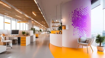 Innovative office design modern workspace interior photography urban environment wide-angle view contemporary aesthetics