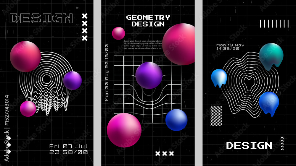 Poster vector illustration. retro futuristic style background set with twisted outline shapes. design eleme
