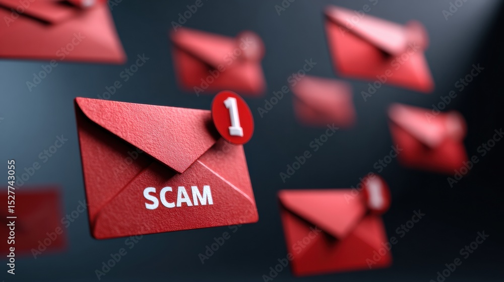Poster Email Inbox Displays Numerous Scam Messages in Red Alerts While Top Section Remains Clutter-Free, Illustrating Online Threats in Communication