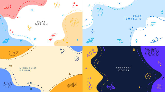Vector illustration. Hand drawn memphis pattern element and dotted lines. Doodle childish background. Trendy abstract colorful style. Design for web banner, presentation template, horizontal wallpaper