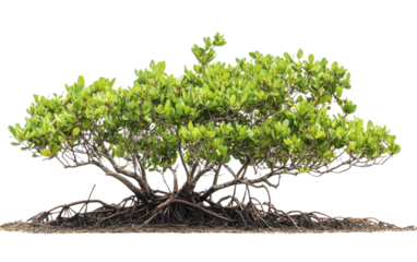 Large tree with green leaves and brown roots