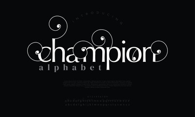 Luxury wedding alphabet letters font with tails. Typography elegant classic lettering serif fonts and number decorative vintage retro concept for logo branding. vector illustration