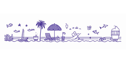 Beach scene with palm trees, umbrella, chairs, drinks, boat, and marine life