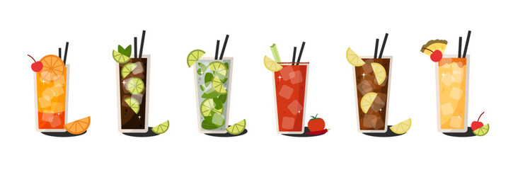Vintage cocktail collection. Summer drinks with citrus, mint, and ice. Hand drawn beverage illustrations ideal for posters, packaging, or social media graphics