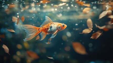 Goldfish swimming in an aquarium with leaves