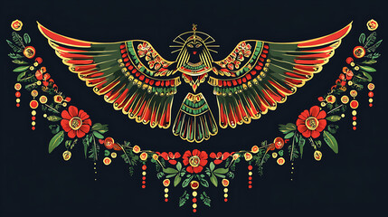 Fototapeta premium A striking ancient Egyptian falcon, likely representing the god Horus, meticulously crafted from a dark, possibly metallic, material with intricate golden accents.