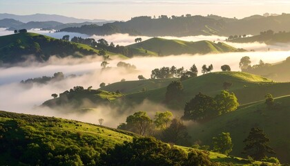 Olive-green hillside cloaked in morning dew, soft fog drifting through trees, embodying peaceful resilience and grounded emotion