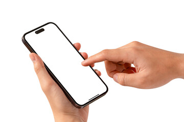 Close-up of hand using modern smartphone with blank screen isolated.