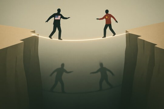 United States and China face off on a tightrope, symbolizing a delicate balance amid potential conflict