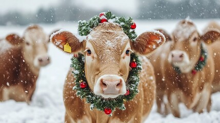 Festive bovine spirit, charming cow adorning christmas wreath in a winter wonderland