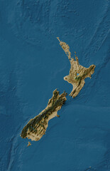 New Zealand terrain and bathymetry map with satellite imagery and blended colors