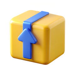3D render, yellow box, blue arrow, isolated, black background, cartoon, geometric, shape, container, package, delivery, storage, clip, direction, pointer, modern, minimalist, graphic, illustration, ob
