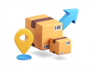 3D Render of Cardboard Boxes with Location Pin and Upward Arrow, Representing Fast and Reliable Shipping