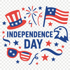 Vibrant flat vector illustration for US Independence Day celebrations, perfect for invitations, social media, decorations, stickers, patriotic projects. Iconic American symbols. Transparent background
