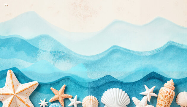 Colorful ocean waves with seashells and starfish, evoking beach vibes, summer theme, copy space
