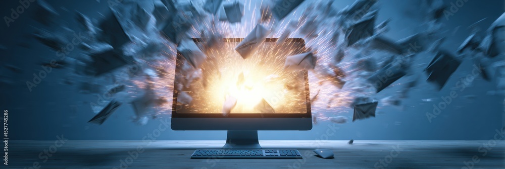 Aufkleber Blinking Timer and Email Bomb Explosion Emerging From Computer Monitor, Creating Chaos in Dark Room Setting