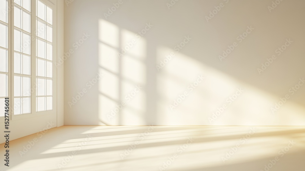 Poster bright and minimalistic apartment interior with large windows casting soft shadows in neutral tones