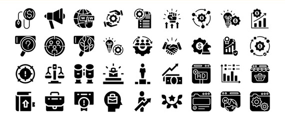Business strategy icons set marketing growth success