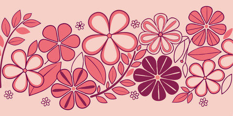 Vector illustration of abstract multi-colored pink flower shapes in a repeating pattern against a pink background.
