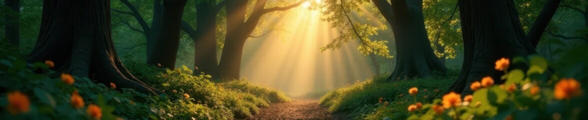 Circular vibrant foliage, central ethereal glow, enchanted wood, gentle light, growth, wallpaper