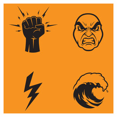 Vector illustration of various symbols including fist lightning face and ocean wave on orange background